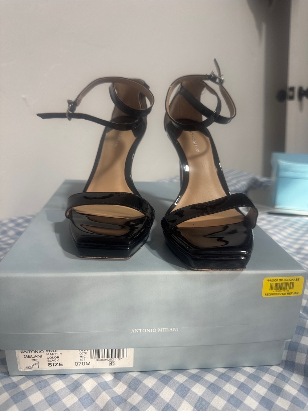 ANTONIO MELANI Black Patent Square-Toe Ankle-Strap Heels